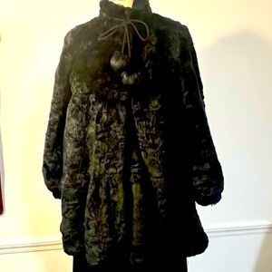 Anthropologie Faux fur A Line swing coat with blouson sleeves fuzzy puff ball